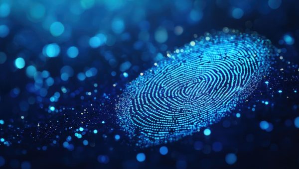 Glowing blue digital fingerprint representing anonymized IP address identity data