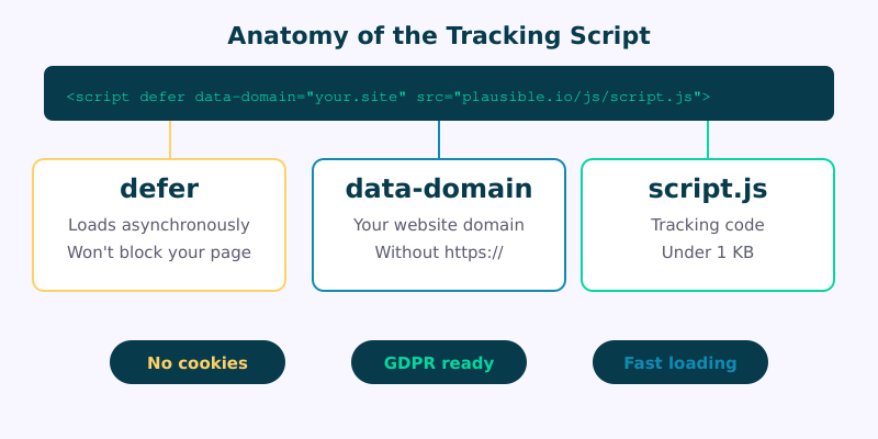 Anatomy of the Plausible tracking script: defer, data-domain, and script.js explained