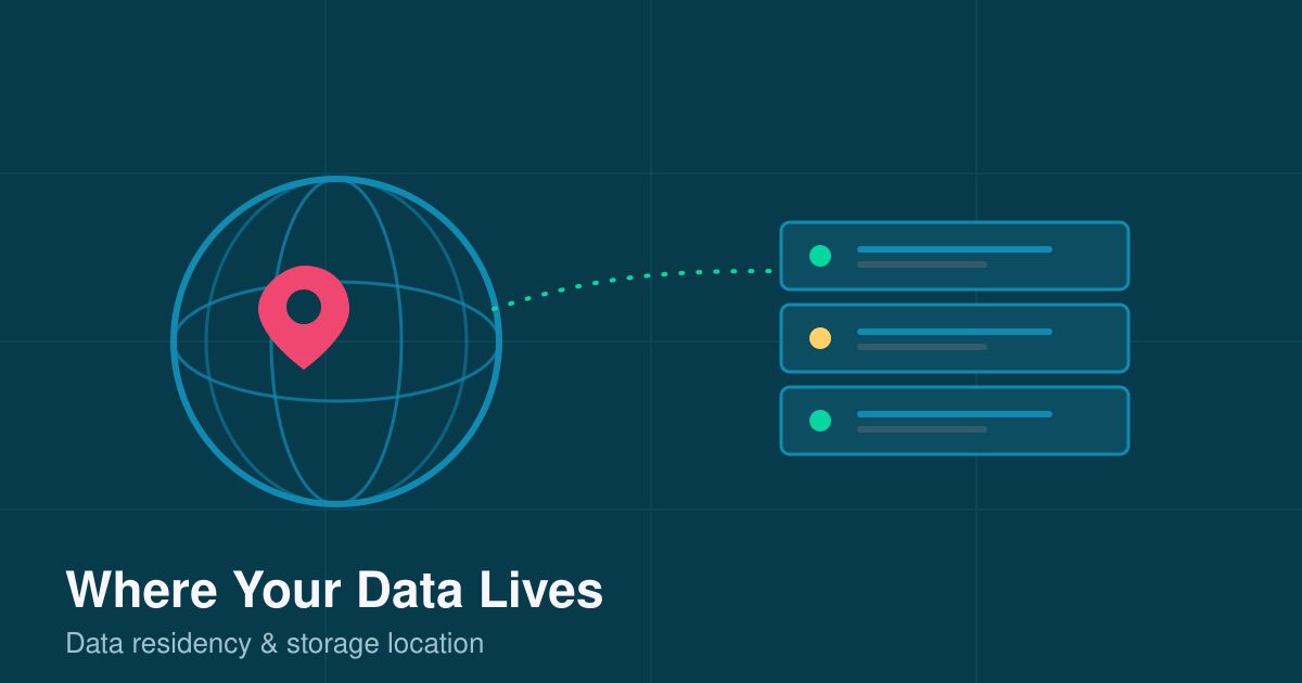 Globe with a location pin connected to a server stack illustrating analytics data residency and storage location